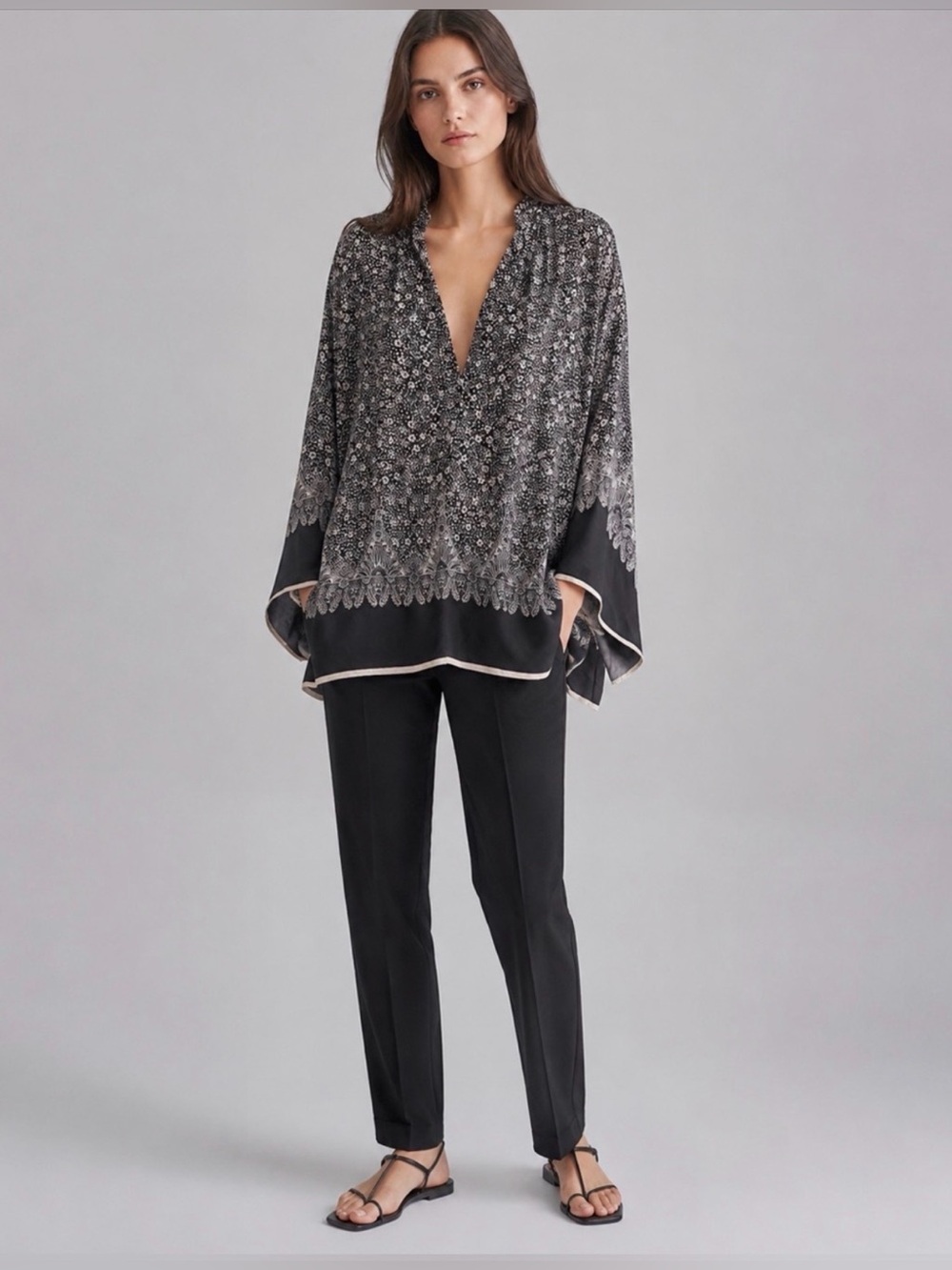 Helmut Lang Silk Kimono Tunic Top Black Cream Floral Border Print Blouse Size S